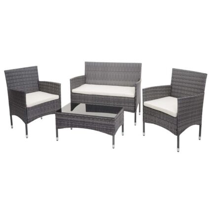 Salon de jardin balcon jardin en polyrotin gris canapé fauteuils table coussin crème 04_0004210