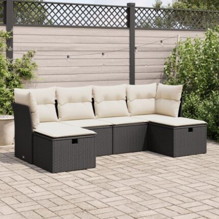Salon de jardin 6 pcs | Mobilier de jardin | Salon d'extérieur avec coussins noir résine tressée CFW310778