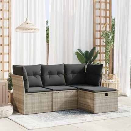 Salon de jardin 4 pcs | Mobilier de jardin | Salon d'extérieur avec coussins gris clair résine tressée CFW310778