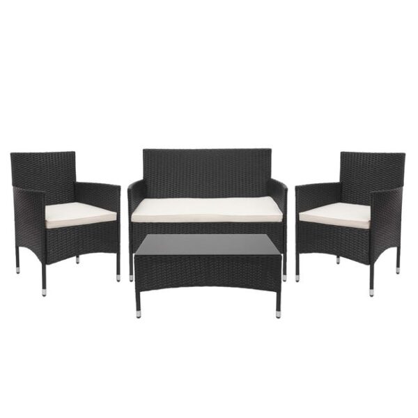 Salon de jardin balcon jardin en polyrotin noir canapé fauteuils table coussin crème 04_0004211