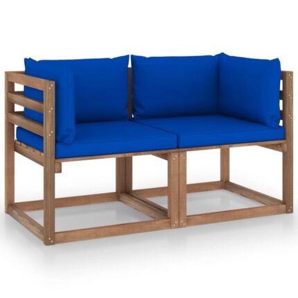 Canapé palette de jardin 2 places et coussins bleu 02_0013269