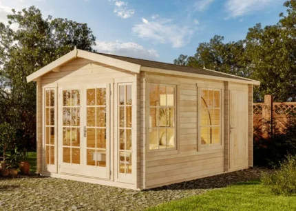 Abri de jardin Kim-40 Alpholz, 3.4x4.6m dim. ext. (cas échéant incl. débord de toit) naturel, épaisseur paroi : 40mm, 15,6m² totale