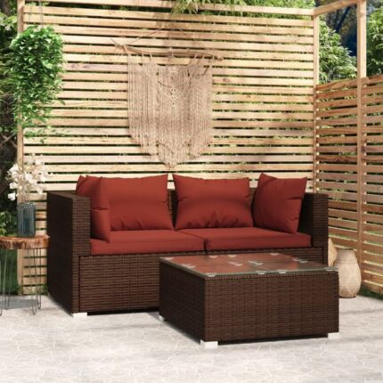 Salon de jardin 3 pcs avec coussins Marron Résine tressée vidaXL