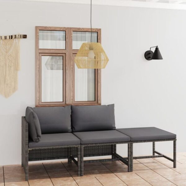 Salon de jardin 3 pcs avec coussins Résine tressée Gris vidaXL