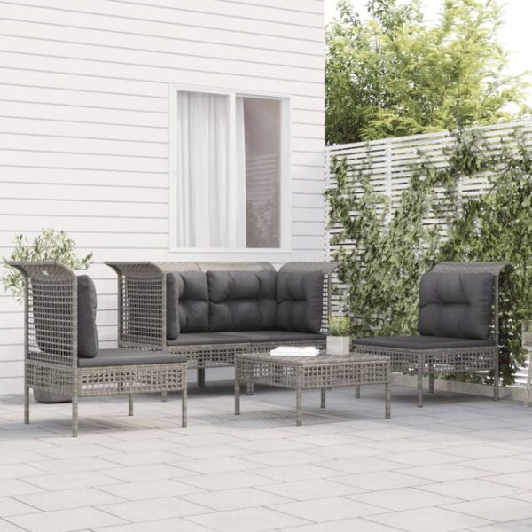 Salon de jardin 5 pcs avec coussins Gris Résine tressée vidaXL