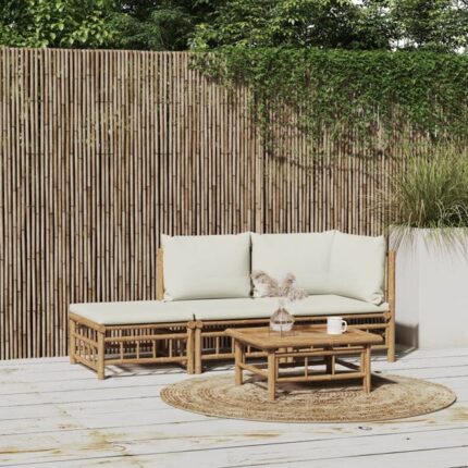 Salon de jardin 3 pcs avec coussins blanc crème bambou vidaXL