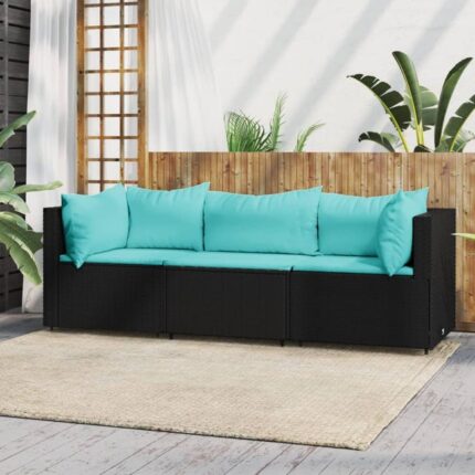 Salon de jardin 3 pcs avec coussins Noir Résine tressée vidaXL