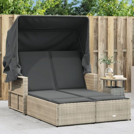 Chaise longue double avec auvent et coussins gris clair rotin vidaXL
