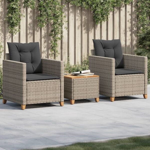 Ensemble de bistro 3 pcs et coussins gris résine tressée acacia vidaXL