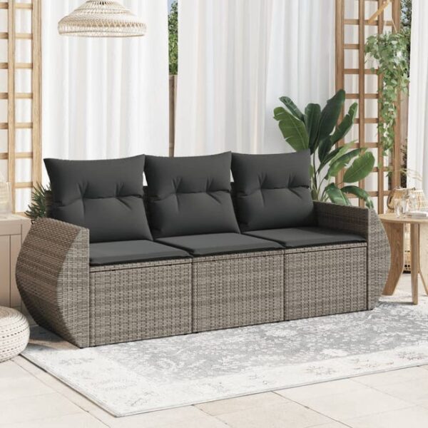 Salon de jardin avec coussins 3 pcs gris résine tressée vidaXL