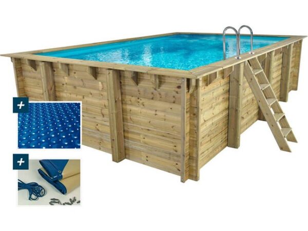 Piscine hors sol bois, rectangle Panama - 6.20 x 4.10 x 1.45 m + Bâche à bulles 180 µ, Bâche hiver 280 g/m² +