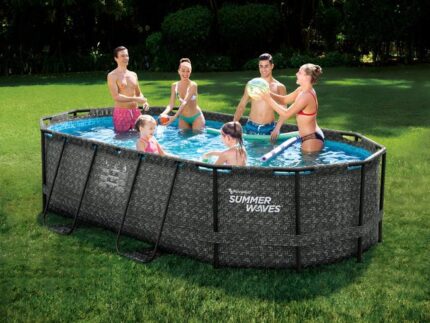 Piscine tubulaire ovale effet chevrons gris foncé avec pompe filtrante à cartouche - L424 x P250 x H100 cm - SALAMANQUE
