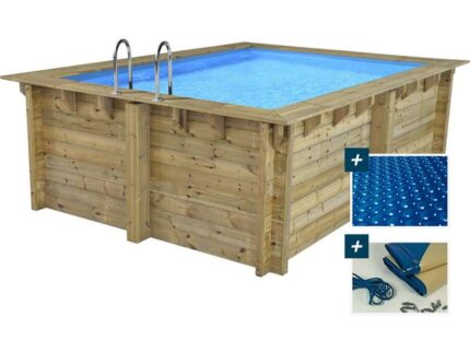 Piscine hors sol bois, rectangle Caimans , 4.10 x 3.00 x 1.24 m + Bâche à bulles 180 µ, Bâche hiver 280 g/m²