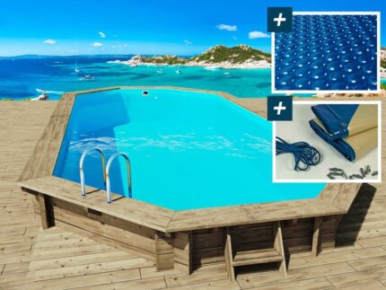Piscine hors sol bois, Palma, 7.57 x 4.07 x 1.31 m + Bâche à bulles 180 µ + Bâche hiver 280 gr/m²
