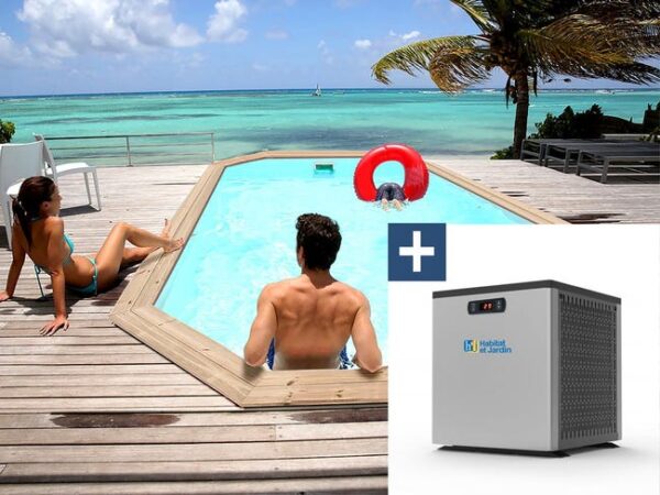 Piscine hors sol bois, Cordoue, 3.48 x 2.15 x 1.18 m + Mini pompe à chaleur 3.5kW, Métal, Gris