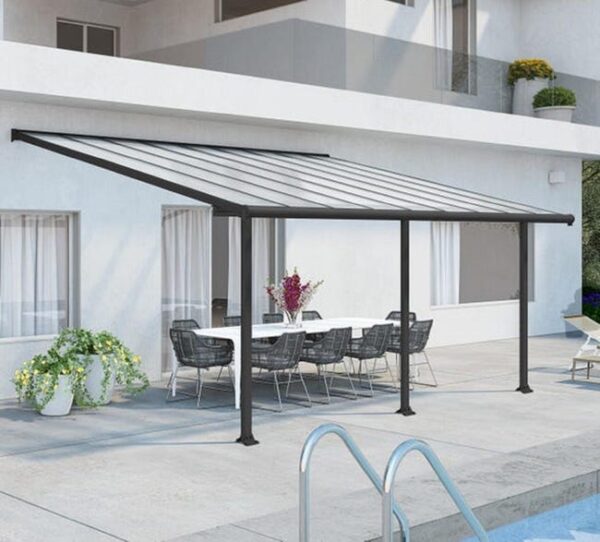 Pergola adossée grise OLYMPIA 5,46 x 2,95m, aluminium et polycarbonate, PALRAM