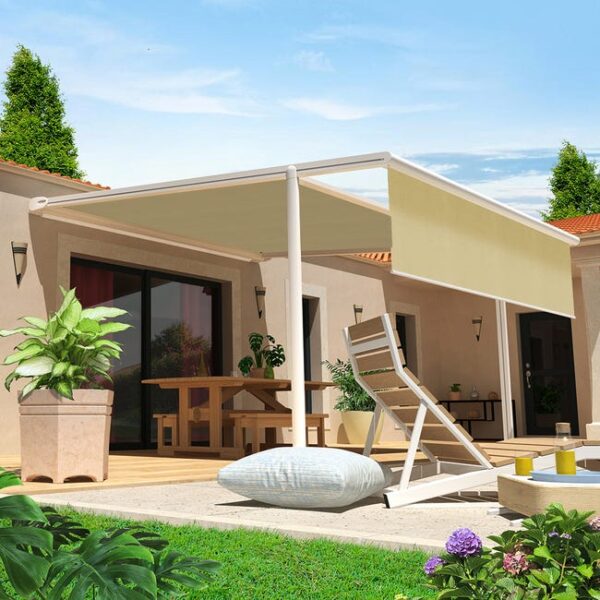 Pergola Toile PYRITE 4,00x3,00 M Motorise Secours à Télécommande + Coffre LED + Lambrequin (Blanc - écru)