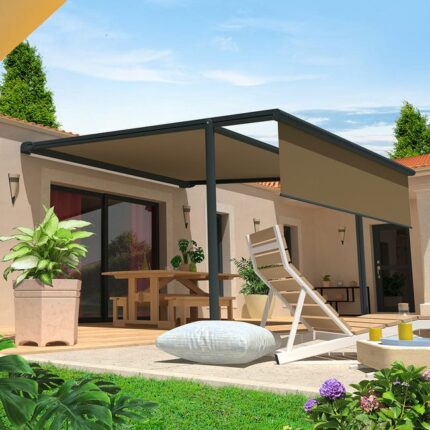 Pergola Toile PYRITE 4,00x4,00 M Motorise Secours à Télécommande + Coffre LED + Lambrequin (Gris Anthracite - Taupe)