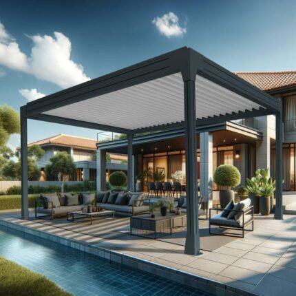 Pergola bioclimatique TRESNA îlot 4.50 x 3.930m Vérin à Télécommande (Gris anthracite / Blanc)