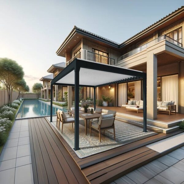 Pergola bioclimatique DASHURIA îlot 3.50 x 3.538m Vérin à Télécommande (Gris anthracite / Blanc)