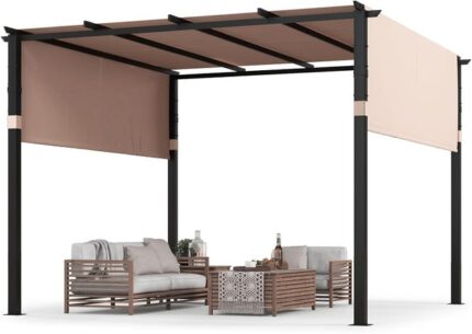 COSTWAY Pergola Rétractable d'Extérieur Métallique à Toit Plat 305 x 305 CM avec Auvent Rétractable 2 Couvre-soleils à Enrouleur, Beige