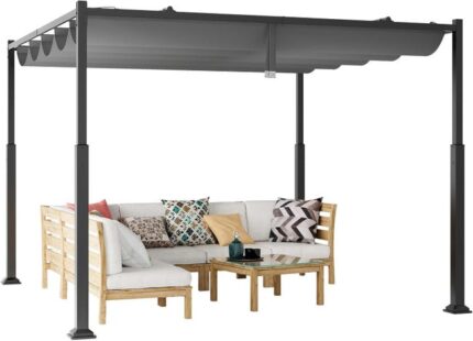 COSTWAY Pergola d'Extérieur 310 x 310 CM avec Auvent Rétractable, Abri Colonnes Métalliques Robustes Pavillon Pare-Soleil, Tonnelle pour Jardin, Gris