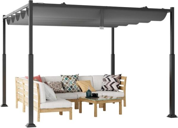 COSTWAY Pergola d'Extérieur 310 x 310 CM avec Auvent Rétractable, Abri Colonnes Métalliques Robustes Pavillon Pare-Soleil, Tonnelle pour Jardin, Gris