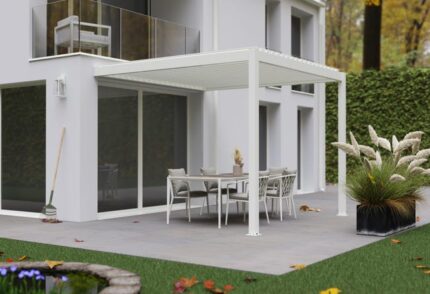 Pergola bioclimatique adossée TIERAL Cadix aluminium blanc, 9.48 m²