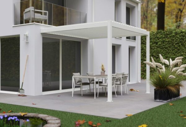 Pergola bioclimatique adossée TIERAL Cadix aluminium blanc, 9.48 m²