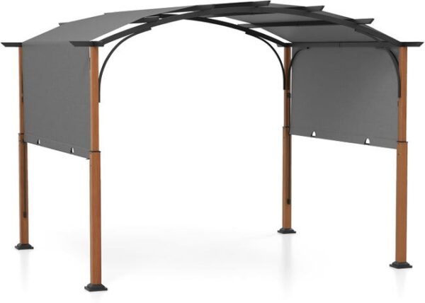 Pergola Rétractable 360 x 300 cm, Pergola de Terrasse Arquée avec Auvent Réglable, Piquets de Sol, Cadre en Métal, Auvent de Patio,(Gris)