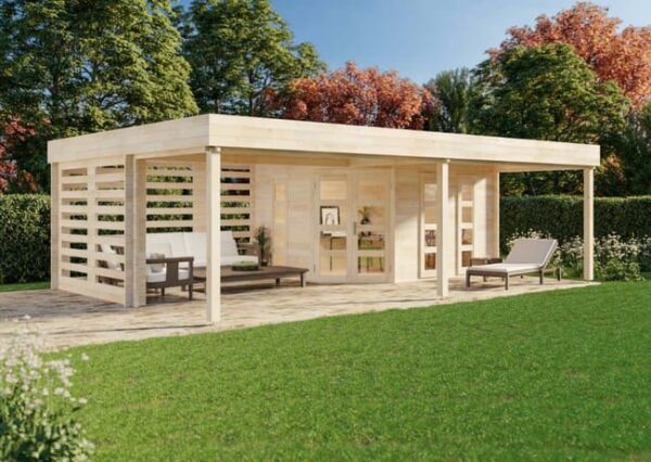 Abri de jardin Panama-40 Alpholz, 7.9x5.2m dim. ext. (cas échéant incl. débord de toit) naturel, épaisseur paroi : 40mm, 40,7m² totale