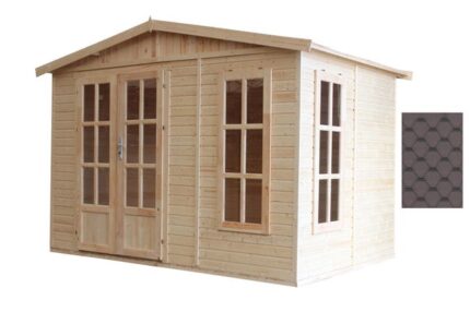 TIMBELA M334FB Cabane en bois avec plancher, avec bardeaux bitumineux couleur MARRON l332xP222xH232cm/6m2, Abri en bois de jardin multifonctionnel
