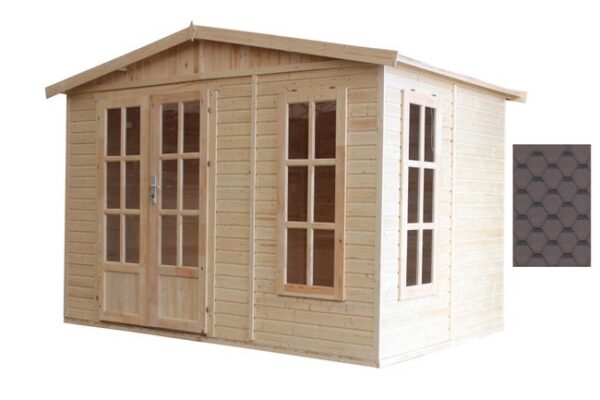 TIMBELA M334FB Cabane en bois avec plancher, avec bardeaux bitumineux couleur MARRON l332xP222xH232cm/6m2, Abri en bois de jardin multifonctionnel