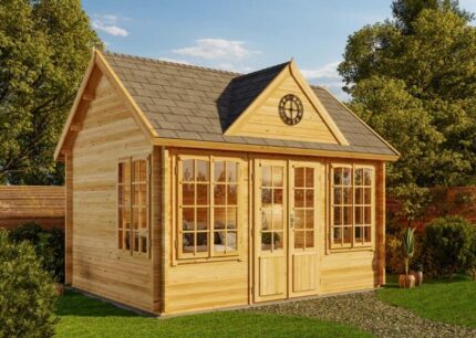 Abri de jardin modèle CLOCKHOUSE® 70 Royal ISO Alpholz, 4.5x3.4m dim. ext. (cas échéant incl. débord de toit) imprégné, 70mm, 15,4m² totale