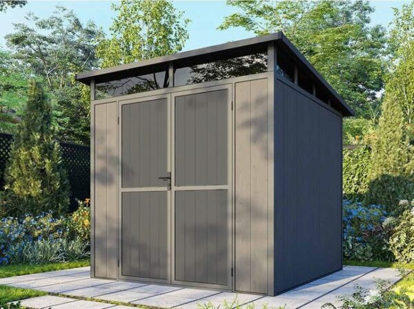 Abri de Jardin Composite EVORA Gris 4m2 - Structure en Aluminium - Bois Composite Co-Extrude - Anti-UV - Resistant a la Corrosion