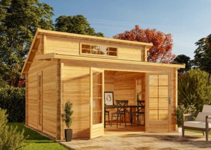 Abri de jardin Lausitz ISO Alpholz, 4.4x4.4m dim. ext. (cas échéant incl. débord de toit) imprégné, 40mm, 19,4m² superficie totale