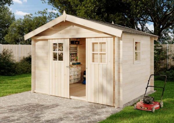 Cabane à outils Evere 19 Alpholz, 3.3x2.7m dim. ext. (cas échéant incl. débord de toit) naturel, épaisseur paroi : 19mm, 8,9m² totale