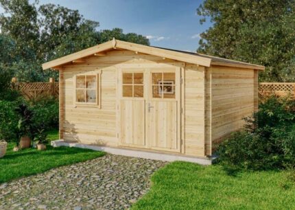 Abri de jardin Valerie-28 Alpholz, 4.3x4.3m dim. ext. (cas échéant incl. débord de toit) imprégné, 28mm, 18,3m² superficie totale