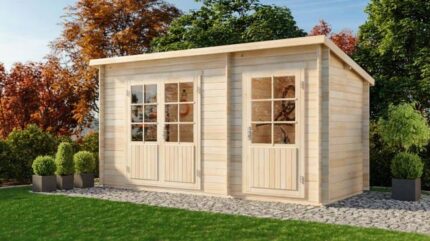 Abri de jardin toit en pente Martina-28 avec extension Alpholz, 4.5x2.3m dim. ext. (cas échéant incl. débord de toit) naturel, 28mm, 10,1m²