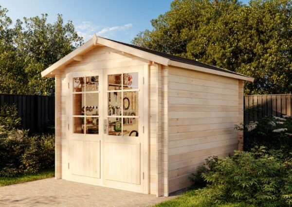Abri de jardin Brême-28 B Alpholz, 2.7x3.4m dim. ext. (cas échéant incl. débord de toit) naturel, épaisseur paroi : 28mm, 9,2m² totale