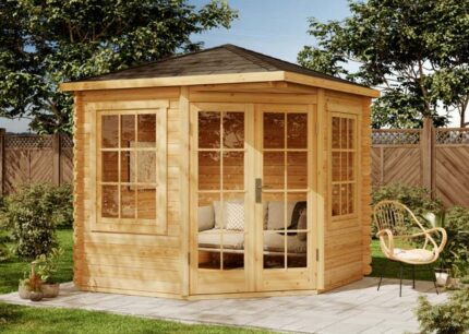 Abri de jardin pentagonal Sunny-C Alpholz, 2.7x2.7m dim. ext. (cas échéant incl. débord de toit) naturel, 28mm, 7,3m² superficie totale