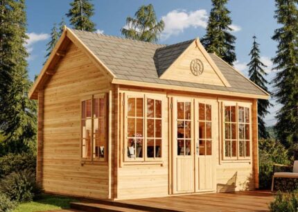 Abri de jardin modèle CLOCKHOUSE® 28 Alpholz, 4.4x3.4m dim. ext. (cas échéant incl. débord de toit) naturel, 28mm, 15m² superficie totale
