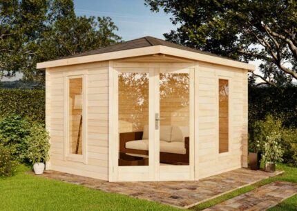 Abri de jardin pentagonal Liwa Compact Alpholz, 3x3m dim. ext. (cas échéant incl. débord de toit) naturel, 28mm, 9m² superficie totale