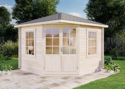 Abri de jardin pentagonal Monica Alpholz, 3.3x3.3m dim. ext. (cas échéant incl. débord de toit) imprégné, 40mm, 10,6m² superficie totale