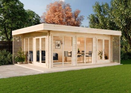Chalet de jardin Viva B Alpholz, 4.9x6.7m dim. ext. (cas échéant incl. débord de toit) imprégné, épaisseur paroi : 70mm, 32,9m² totale