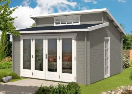 Abri de jardin Lausitz-40 ISO avec porte pliante Alpholz, 4.4x4.4m dim. ext. (cas échéant incl. débord de toit) naturel, 40mm, 19,4m² totale