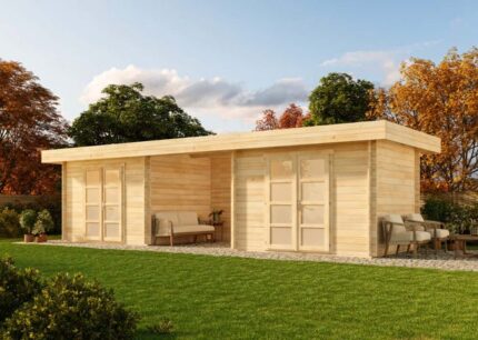 Abri de jardin Johann-28 Alpholz, 9.6x3.3m dim. ext. (cas échéant incl. débord de toit) naturel, épaisseur paroi : 28mm, 31,9m² totale