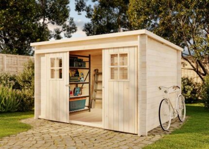 Abri de jardin Vera Alpholz, 3.3x2.4m dim. ext. (cas échéant incl. débord de toit) naturel, épaisseur paroi : 19mm, 7,9m² superficie totale