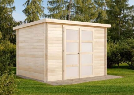 Cabane à outils Umea Alpholz, 3.1x2.8m dim. ext. (cas échéant incl. débord de toit) naturel, épaisseur paroi : 19mm, 8,5m² totale