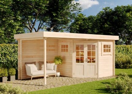 Abri de jardin pentagonal Mosel-28 toit plat Alpholz, 5.2x2.7m dim. ext. (cas échéant incl. débord de toit) naturel, 28mm, 14,2m² totale